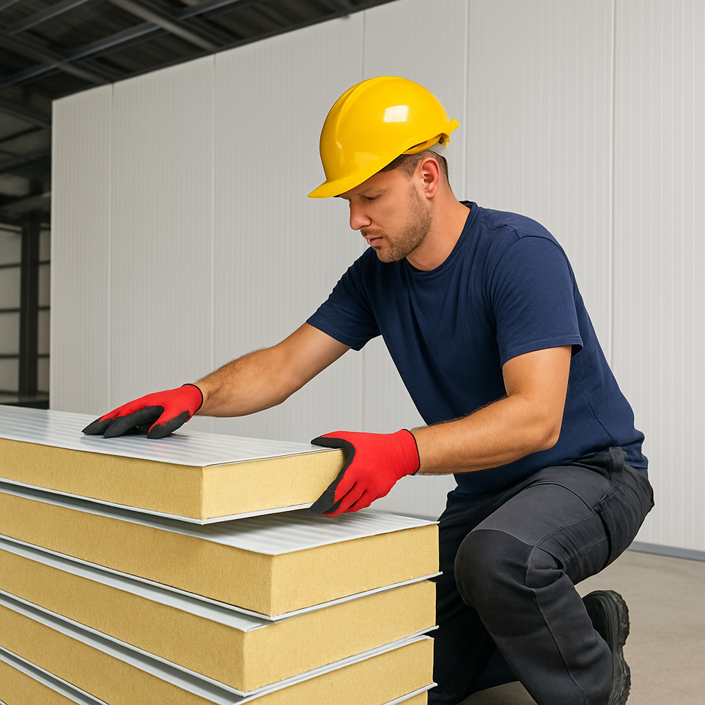 Vakman bezig met montage van sandwichpanelen voor koelcel